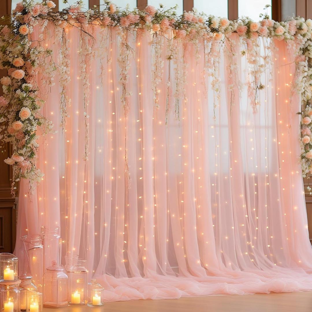10x10ft Peach Tulle Backdrop Curtain with Lights String for Parties, Sheer Photo Backdrop Curtains for Wedding Baby Shower Birthday Party Photo Shoot Background Decorations