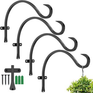 12 Inch Heavy Duty Plant Hanger Wall Hook 4 Pack - Black Iron Hanging Plant Bracket Holds 44 lbs - Rust Resistant Indoor Outdoor Hooks for Bird Feeders Lanterns Wind Chimes Hanging Baskets with Screws