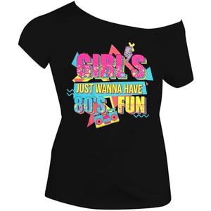 90s 80s Outfit for Women 80's Theme Party Disco Shirt Off The Shoulder Tops Vintage 90s Neon Off Shoulder Top, 2XL