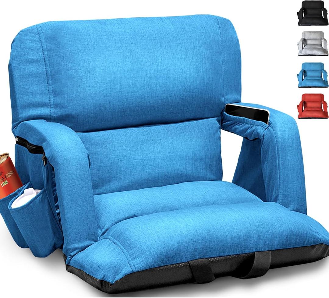 yeyeeyyee Wide Stadium Seats with Back Support, Exclusive Sofa Style Design Extra Thick Bleacher Chairs with Back and Cushion, 6 Reclining Positions - Ultimate Comfort for Sports Events (Blue, 25")