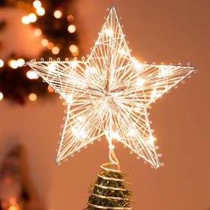 Joiedomi Christmas Star Tree Toppers Silver, 8" Metal Treetop Ornaments Battery Powered with Warm White LED Lights for Xmas Decorations Indoor, Holiday Party Decor