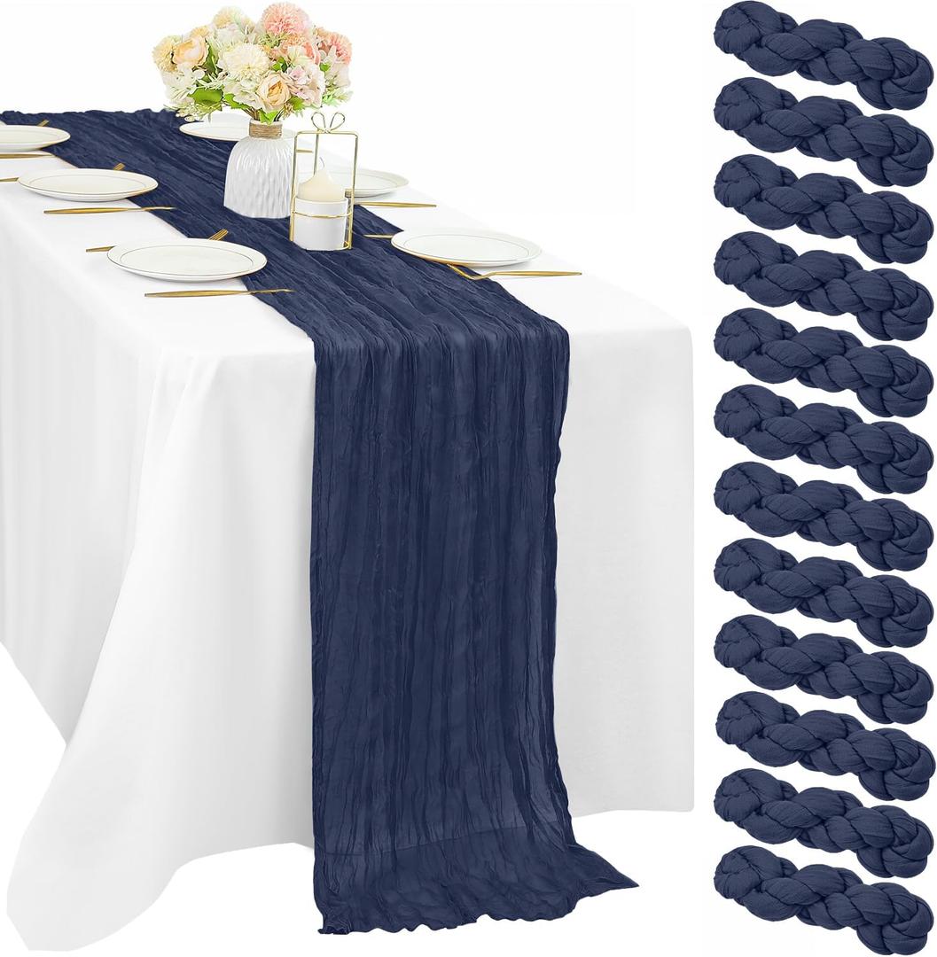12 Pieces Navy Blue Cheesecloth Table Runners 10FT Gauze Fabric Runner for Tables Boho Table Runner Decoration Rustic Sheer Runner for Wedding Birthday Baby Bridal Shower Party (35 x 120 Inches Long)