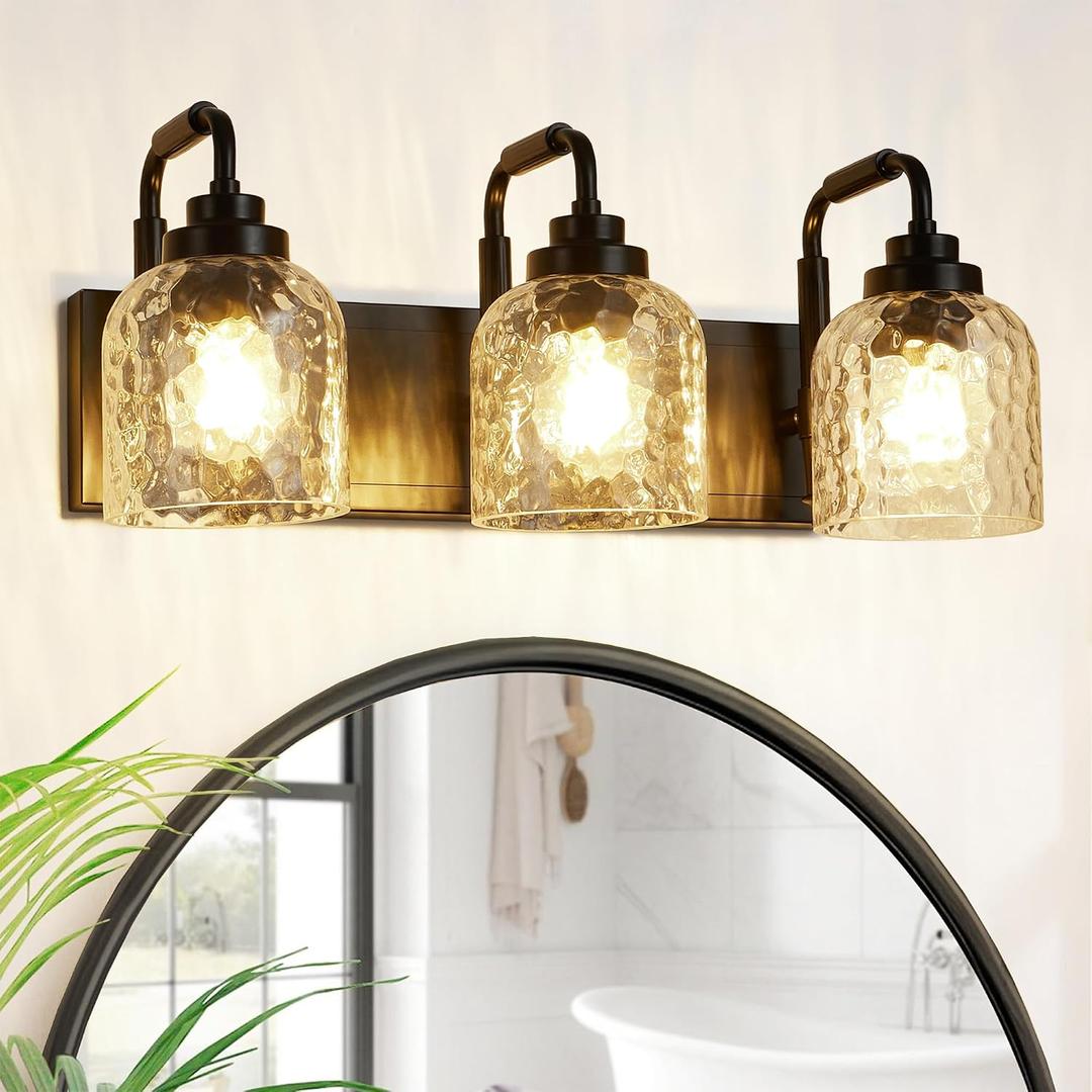 WJShome 3-Light Black Bathroom Vanity Light, Modern Vanity Lighting Fixture for Bathroom, Coastal Vanity Lights with Crystal Glass Shade, for Mirror Bedroom Hallway