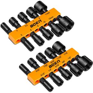 BOEN 20-Piece 1/4" Hex Power Nuts Driver Set, Metric (4-12mm) & SAE (5/32"-1/2"), Chrome Vanadium Steel