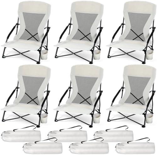 Menkxi 6 Pack Low Beach Chairs for Adult Portable Travel Compact High Back Sling Folding Beach Chair with Cup Holder Carry Bag for Lawn Sand Concerts Outdoor Camping BBQ Picnic Festival (Light Grey)