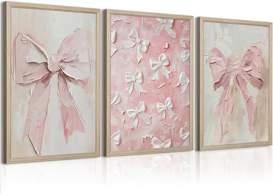 Pink Bow Wall Art Decor Preppy Trendy Posters Coquette Aesthetic Canvas Wall Decor Preppy Girl Room Pictures Vintage Pink Coquette Painting Cute Bow Artwork for Girly Bedroom 12x16x3 Inch Wood Framed