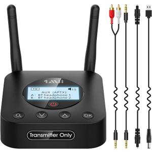 1Mii B06TX+ Long Range Bluetooth 5.2 Transmitter for TV/PC/Projector to 2 Wireless Headphones/Speakers, Bluetooth Adapter for TV w/Screen Display Plug n Play, aptX Low Latency & HD Audio (black)