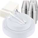 350 PCS Silver Plastic Dinnerware for 50 Guests,Silver and White Disposable Plates for Party Wedding with Napkins, 50 Dinner Plates, 50 Dessert Plates, 50 Silverware Set, 50 Cups