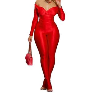Women Bodycon Two Piece Outfits for Birthday 2024 Catsuit Crop Top with Flare Leggings Sequin Jumpsuit Sexy Clubwear Red, L