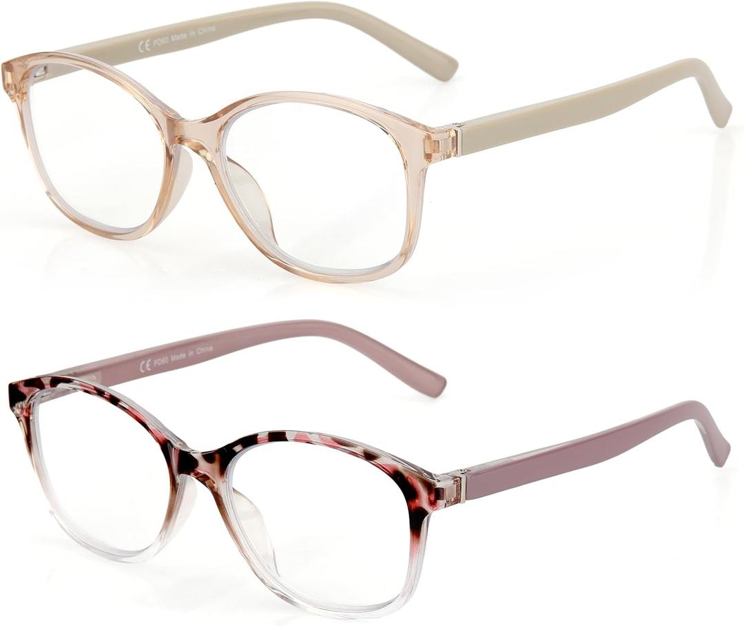 SKYOAK 2 Pack Vibrant Progressive Multifocus Reading Glasses Women, Stylish Spring Hinge Multifocal Readers, Lightweight Anti Blue Light Computer Eyeglasses for Near Range (Pink & Tortoise, 1.25x)
