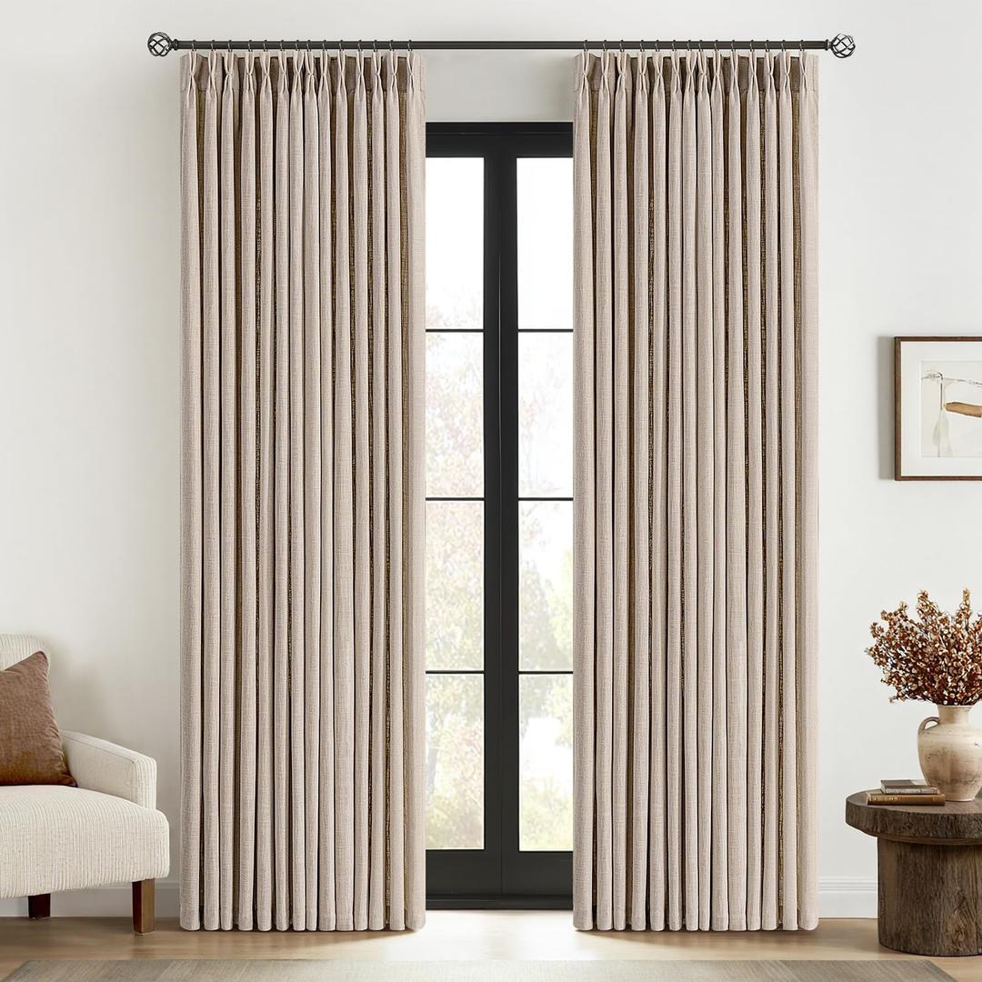 MIULEE Pinch Pleated Thick Linen Curtains 84 Inches Long 2 Panels for Living Room Bedroom, Linen Texture Memory Trained Pleat Drapes Rustic Farmhouse Track System Curtains with Hooks&Rings, Taupe (Burlywood Birch)