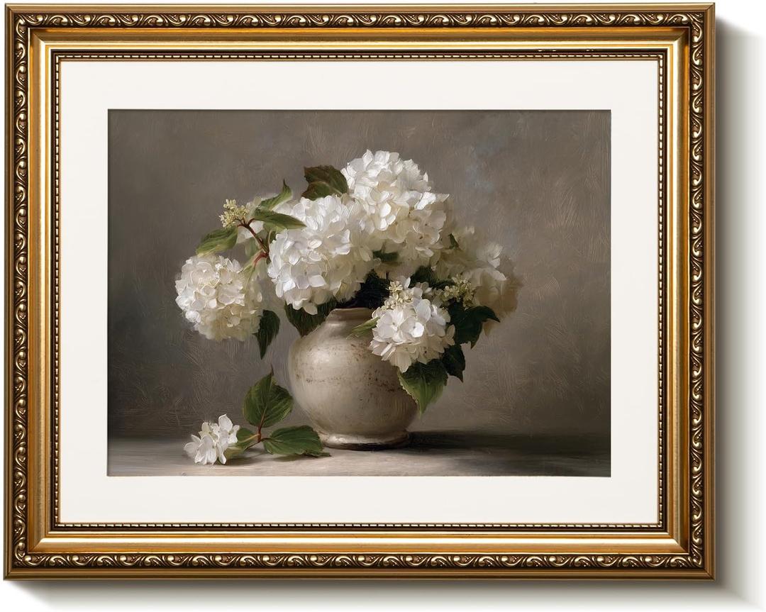 Bzstyleart Gold Framed Vintage Wall Art for Living Room, Hydrangea Flower Pictures Wall Decor Painting, Framed Floral Canvas Prints Artwork for Bedroom Kitchen Shelf Decor, 16L x 13W