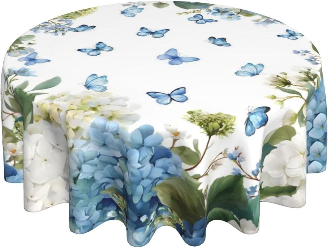 Spring Round Tablecloths 70 Inches Blue Hydrangea Butterfly Floral Decorative Round Tablecloth Summer Flower Washable Reusable Circle Table Cover for Home Kitchen Dining Room Party Outdoor