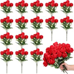 Jexine 16 Pack Artificial Roses Flower Bouquets Silk Fake Cream Flowers Bulk for Bridesmaid Bridal Wedding Party Decor, Home Vase Floral(Red)