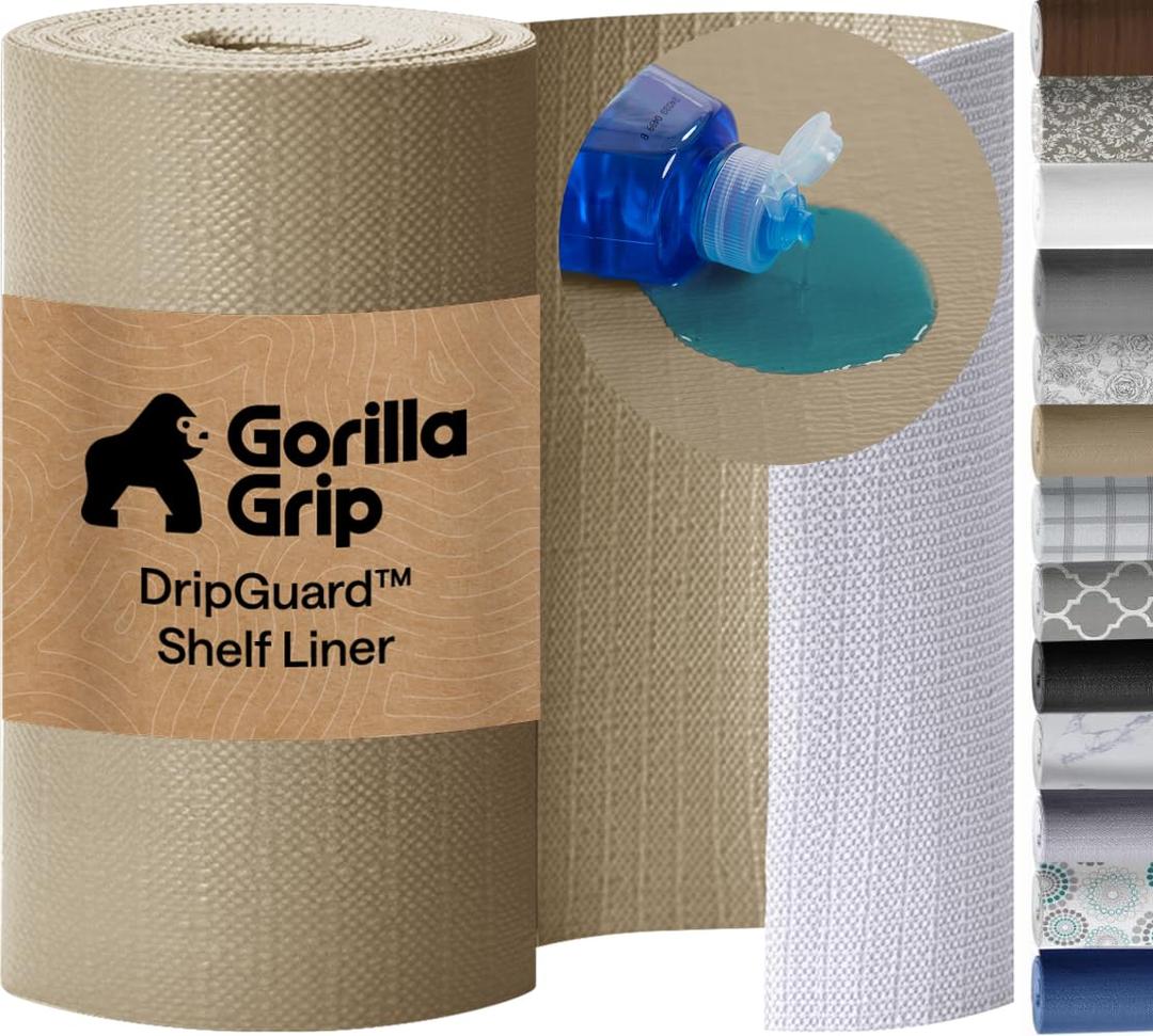 GORILLA GRIP DripGuard Shelf Liner, Non-Adhesive Drawer and Kitchen Cabinet Protector, 24x240 Inch, Strong Grip Slip Resistant Underside, Smooth Surface Liners for Cabinets, Bathrooms, Closets, Beige
