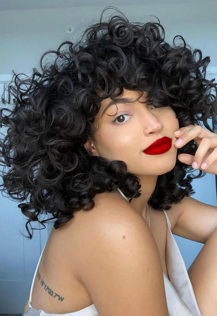 Black Curly Wigs With Bangs - Synthetic Afro Curly Wigs, Bouncy Fluffy Hair, Glueless, Daily & Cosplay (14 Inch)