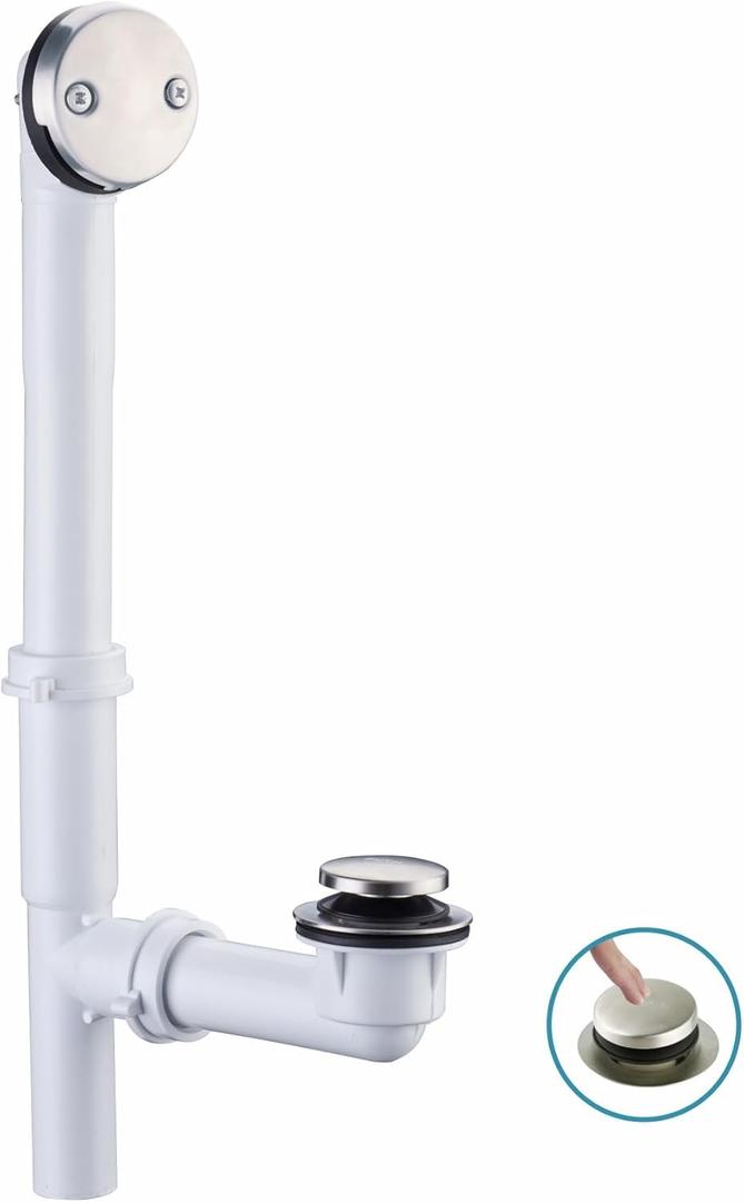 Tubular Bath Tub Drain Kit 1-1/2" with Brushed Tip-Toe Bathtub Drain Stopper, Welsan Touch-Toe Bath Plug Waste and Overflow Face Plate, PVC Plastic Pipe (Brushed Nickel)