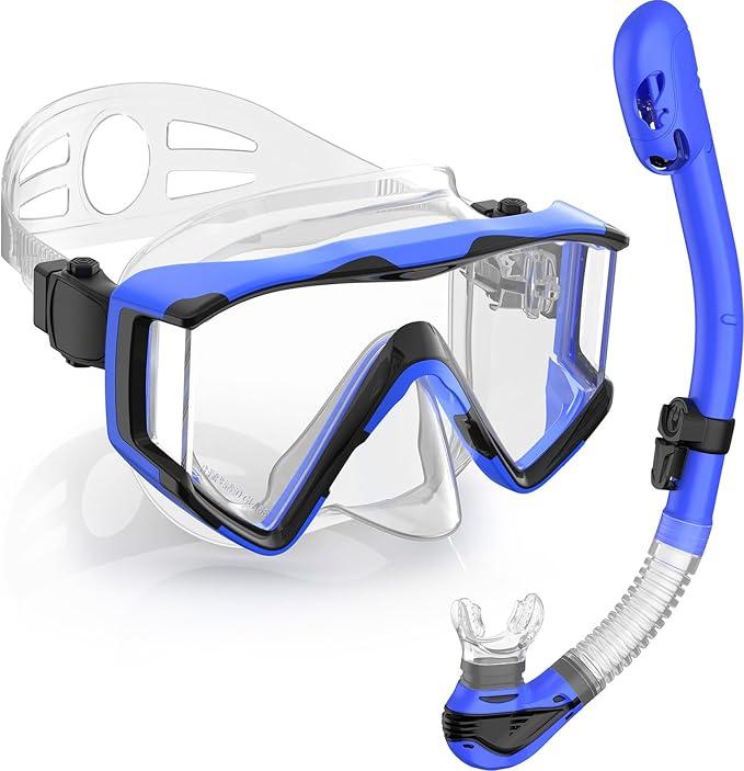 Greatever Snorkel Set Pano 3 Window Snorkel Mask Adult, Panoramic Wide View, Anti-Fog Scuba Diving Mask, Anti-Leak Snorkel Goggles Dry Top Snorkel, Professional Snorkeling Gear for Adults
