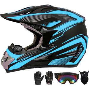 Motocross Helmet,Youth & Kids ATV Dirt Bike Motorcycle Helmet,BMX 4-Wheeler Off-Road Mountain Bike Helmet,DOT Certified,W/Gloves Goggles Mask 4-Piece Set (Blue, Medium)