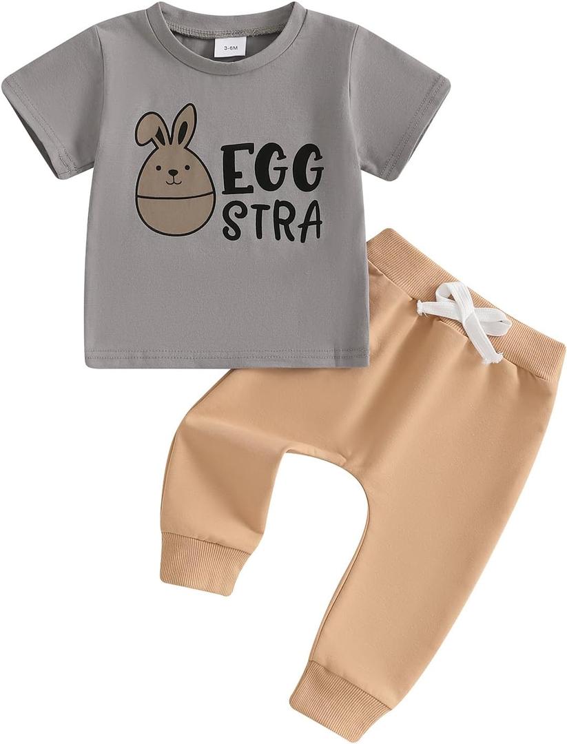 Gueuusu Toddler Baby Boy Summer Clothes Short Sleeve Easter Egg Print T Shirt Solid Pants Set Infant Easter Outfit (6-12 Months, Gray)