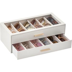 Lolalet Beige Sunglasses Storage Box for Women, Eyewear Eye Glass Organizer with Clear Top Lid Display Holder Case (12 Slots)