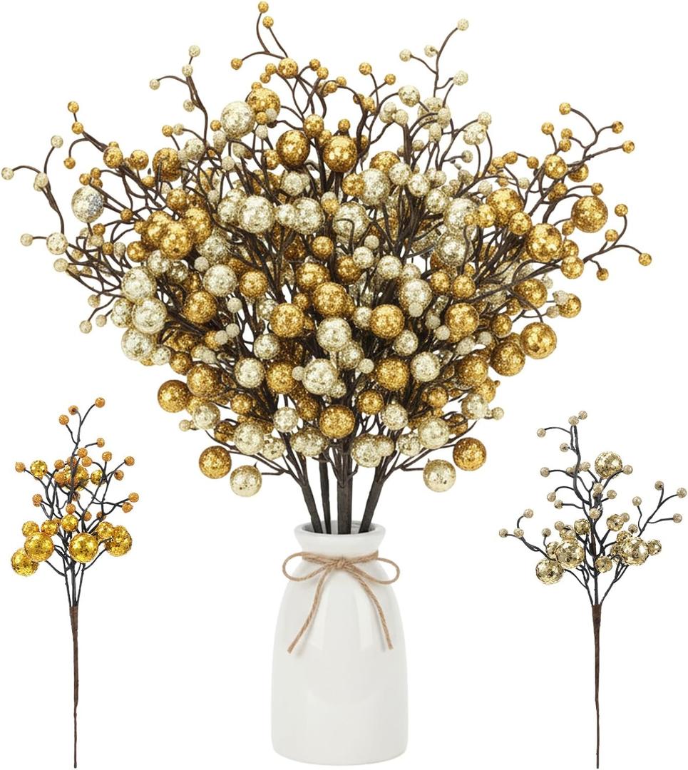 Syhood 20 Pack Glitter Berries Stems for Tree 11.8 Inch Artificial Tree Berry Picks Branches Decoration Ornaments for Valentine's Day Wedding DIY Wreaths Crafts Holiday Decor(Champagne Gold)