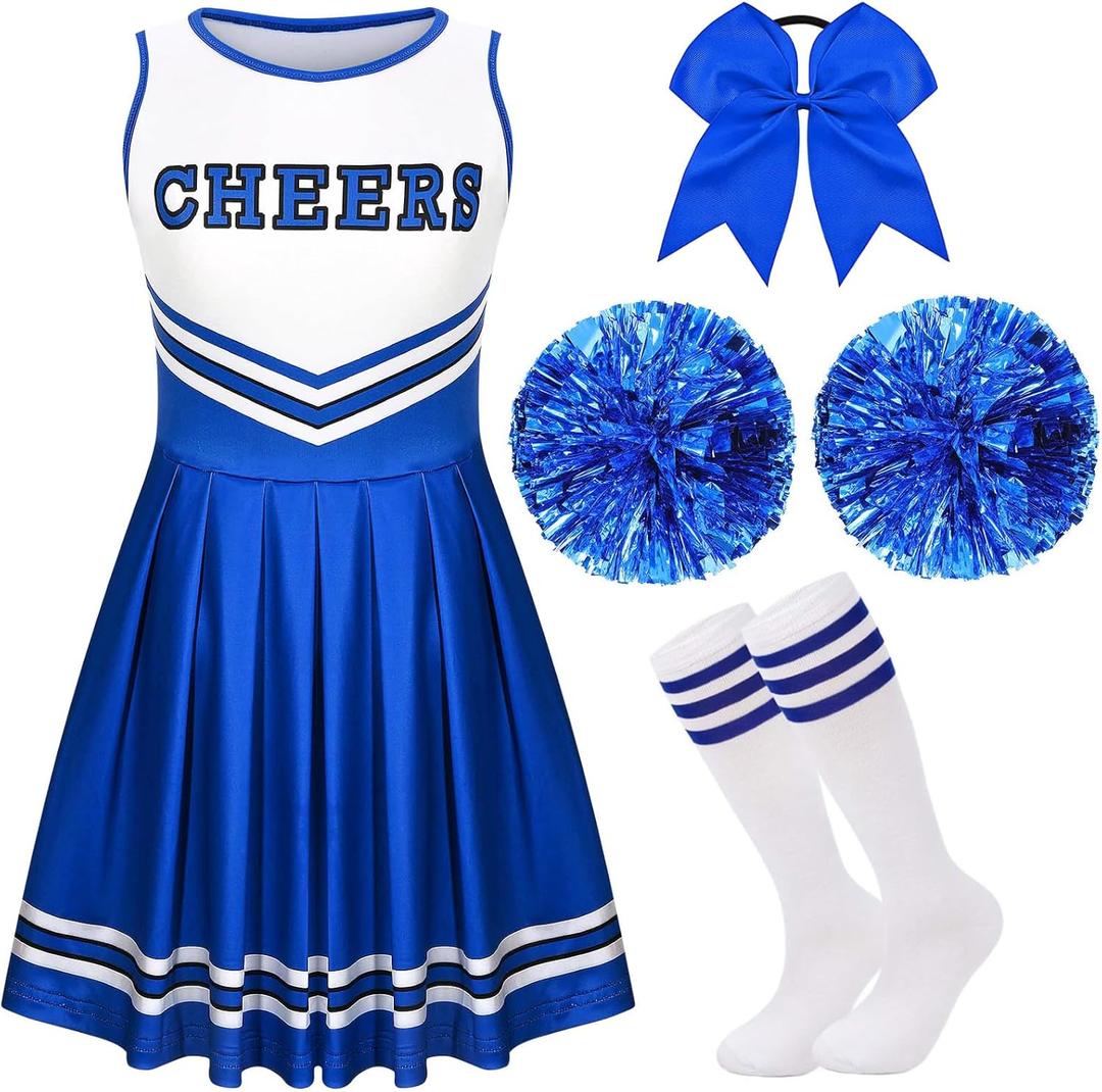 JcHrmers Girls Cheerleader Costume Set Include Dress, Hair Bow, Pom Poms and Socks for Halloween Party Dress Up (10-12 Years, Blue)