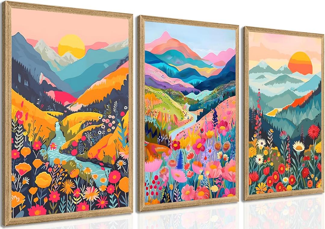 Yudinbin Colorful Mountain Poster Wall Art Set of 3 Boho Watercolor Flower Picture Wall Decor Abstract Nature Landscape Artwork Paintings Print for Living Room Bedroom Office 16x24In Unframed (24L" x 16W")