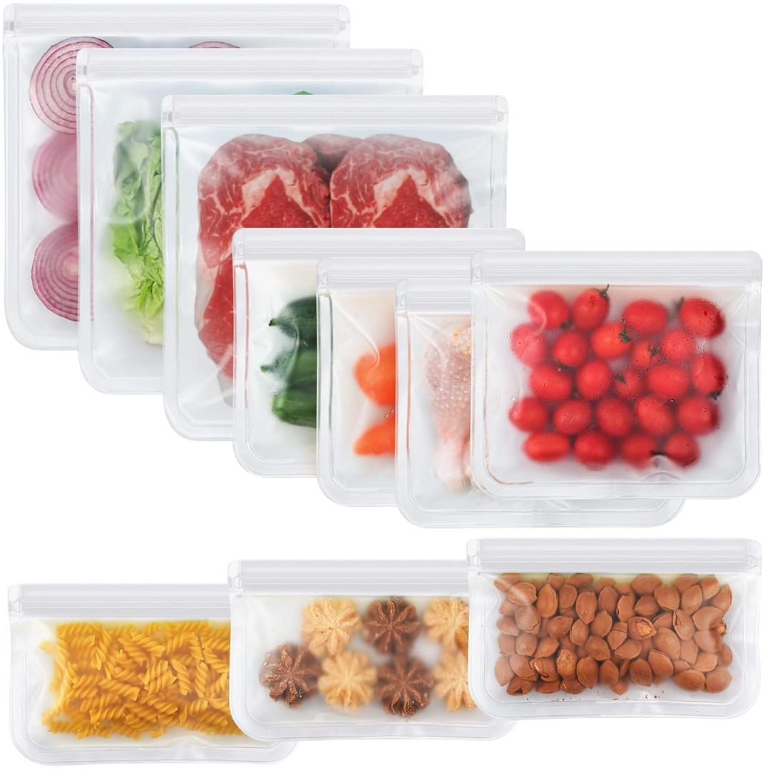 10 Pack Dishwasher Safe Reusable Bags, Silicone, Leakproof, BPA Free, Reusable Food Storage Bags for Lunch, Marinate, Freeze, Travel (Clear) - 3 Gallon, 3 Snack, 4 Sandwich