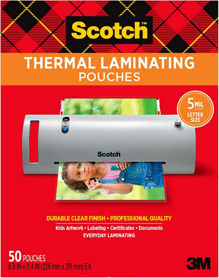 Scotch Thermal Laminating Pouches Premium Quality, 5 Mil Thick for Extra Protection, 50 Pack Letter Size Laminating Sheets, Our Most Durable Lamination Pouch, 8.9 x 11.4 inches, Clear
