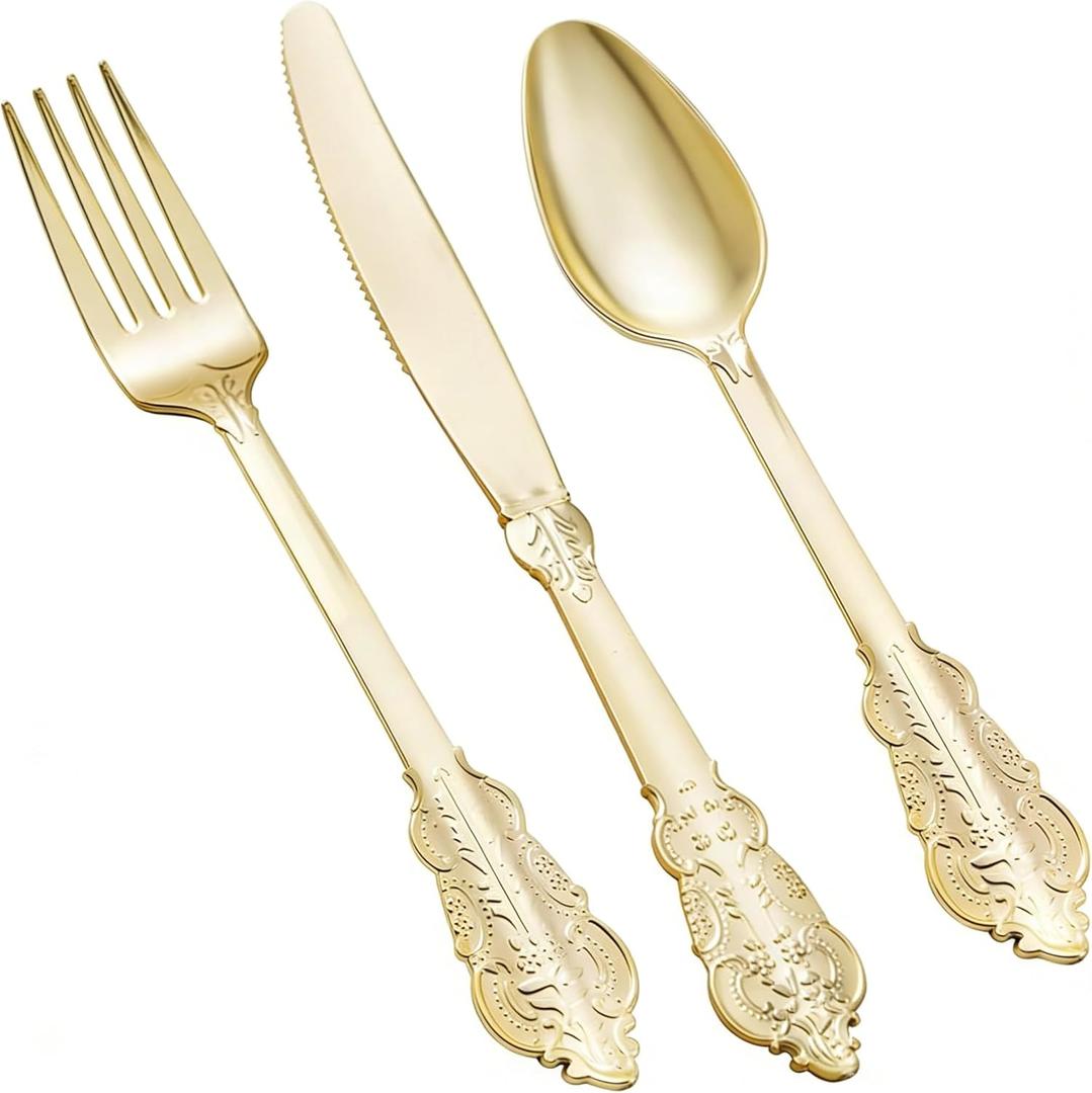 Goodluck 75 Pack Gold Plastic Silverware Set  Heavy Duty Disposable Cutlery, Includes 25 Forks, 25 Spoons, 25 Knives, Elegant Vintage Design for Weddings, Parties, Thanksgiving, and Daily Use