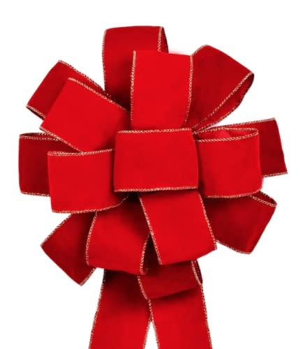 2pcs Red Velvet Ribbon Christmas Bows with Golden Wire, Handmade(26"x 12") Wired Large Ribbons, Thanksgiving/Christmas Tree Topper, Garland/Wreath, Tree Topper Decor