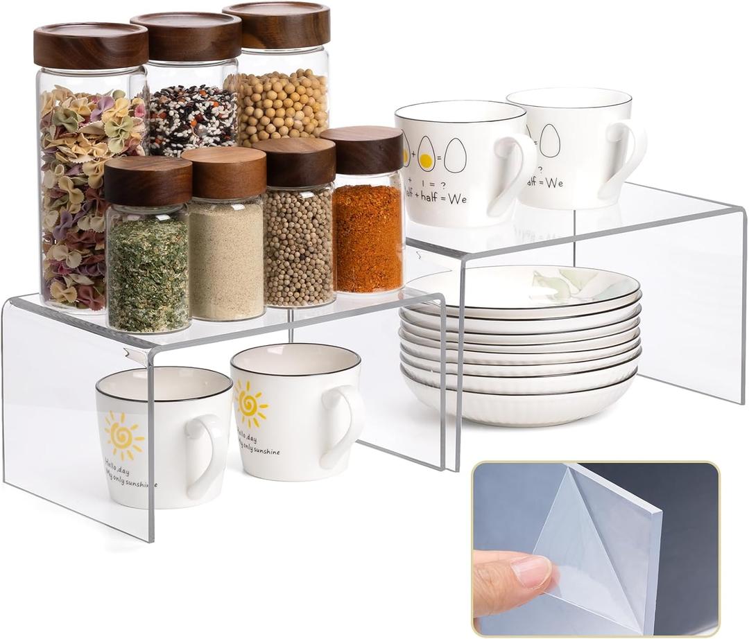 Acrylic Clear Kitchen Rack for Dishes, Spices Jars and Mugs, Kitchen Counter Cabinet Organizer, Clear Spice Rack Shelves, 5mm Thick, 4 Pack