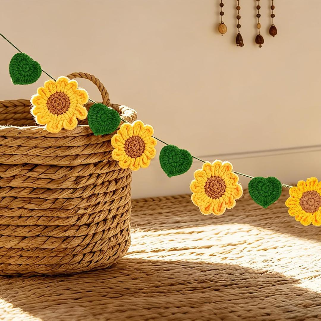 Handmade Crochet Flower Garland, Sunflower Garland for Girl Nursery Decor, Sunflower Garland for Birthday Party, Boho Room Wall Hanging Decoration, 6.6 FT