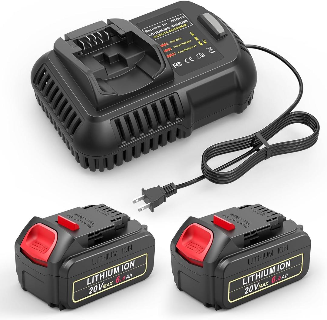 Replacement for DeWalt 20V Max Battery Charger, 2 Pack 6.0Ah Replace Battery & DCB112 Fast Charger Compatible with Dewalt 20V Max Battery DCB206 DCB205 DCB208 & 20 Volt Cordless Power Tool