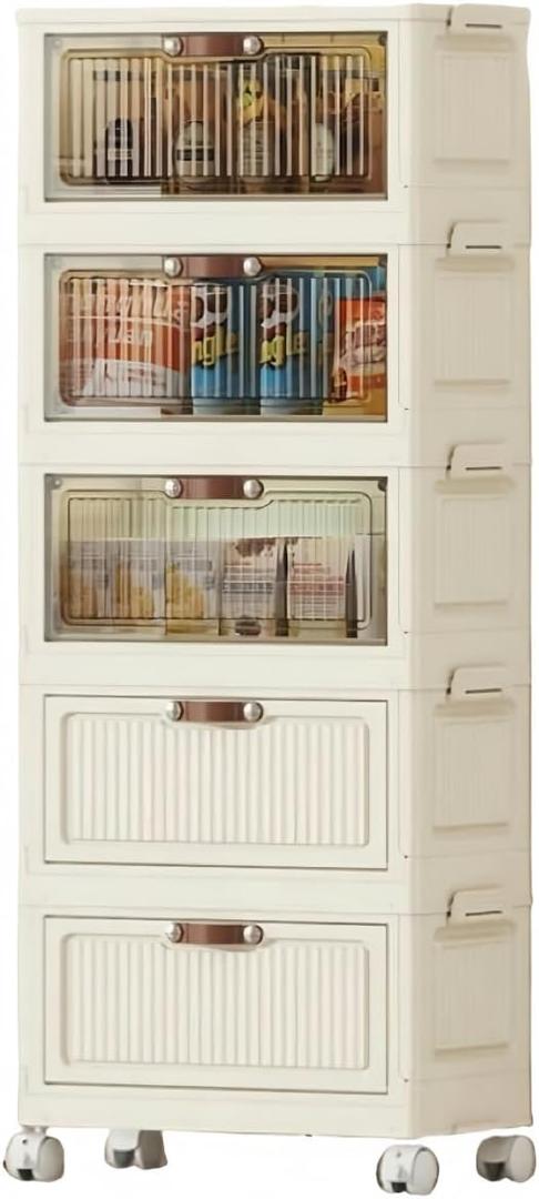 5-Tier Foldable Storage Cabinet with Doors, Collapsible Organizer with Magnetic Flip Lids, 24QT Wheels Storage Bin for Living Room, Kitchen, Bathroom (Clear Mixed)
