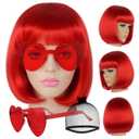 JoneTing Red Bob Wig+Hair Cap+ Sunglasses Straight Red Bob Wig with Flat Bangs Short Straight Reddish Wig Short Reddish Cosplay Wigs for Halloween Christmas Party Costume Outfit