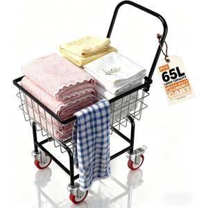 PYY Wire Laundry Cart - 2 Bushels Heavy Duty 7/8" Wire Laundry Basket with Wheels & Handle, 130LBS Load Capacity, 5-Inch Lockable Rolling Wheels, Anti-Rust Finish, Rubber Bumpers, Black 65L