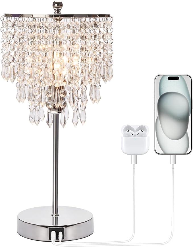 Touch Control Crystal Table Lamp with USB C+A Charging Ports, 3Way Dimmable Bedside Touch Lamp Decorative Nightstand Lamp with Elegant Lampshade for Living Room Bedroom, B11 LED Bulb Included