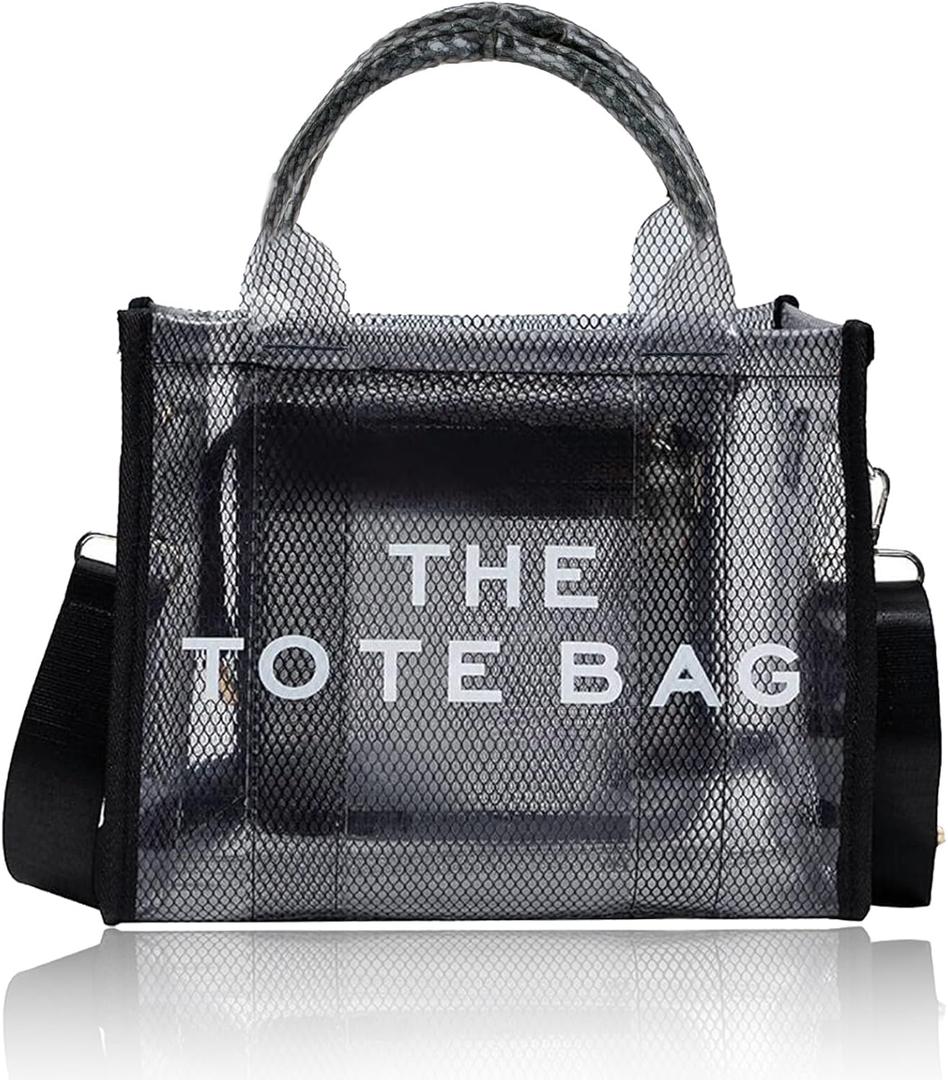 Clear Tote Bag for Women, Transparent Crossbody Lunch Bag Large Mesh Beach Bag for Sports Travel Stadium (Black)