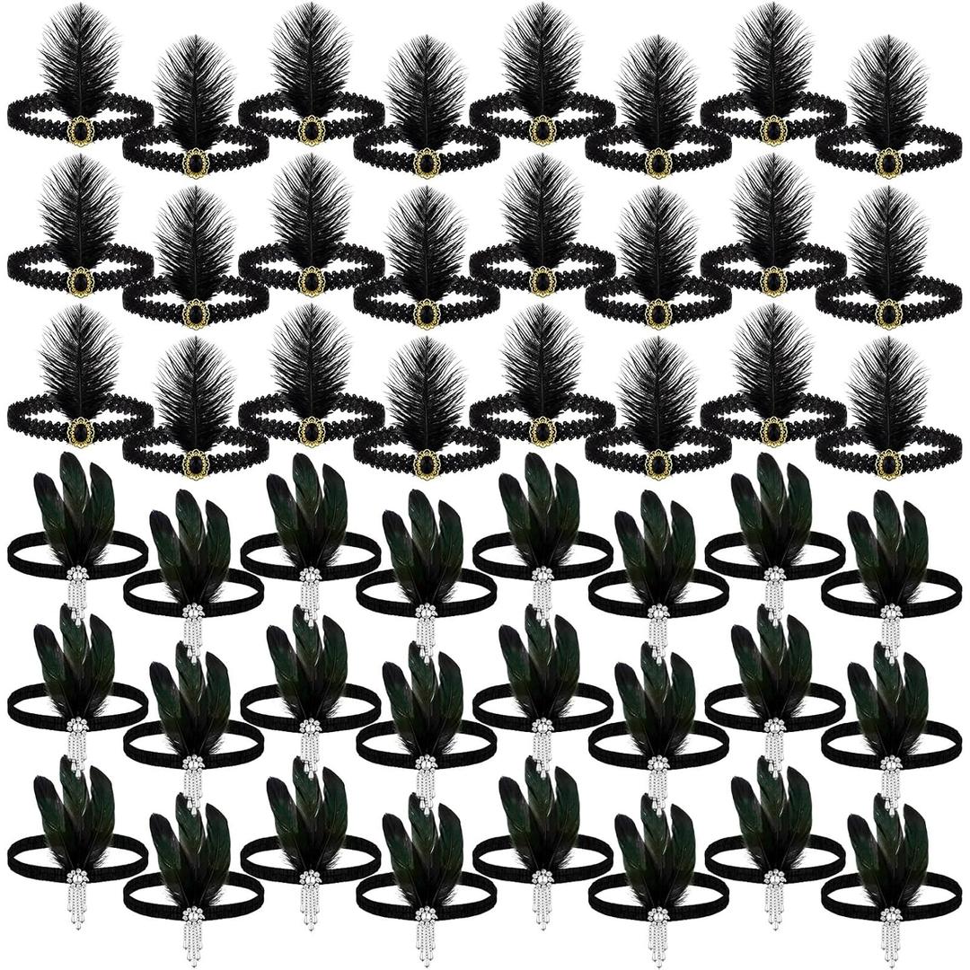 Ceenna 48 Pieces 1920s Flapper Headband Black Feather Headband Costume Flapper Headpiece 20s Rhinestone Hair Accessory for Women
