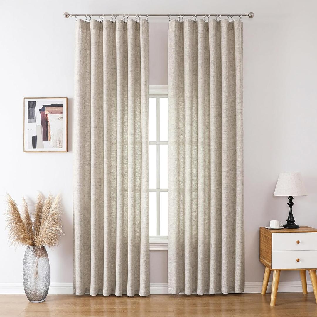 Dark Taupe Thick Linen Semi Sheer Curtains 102 Inches Long, Modern Light Filtering Drapes Set of 2, Floor to Ceiling Pinch Pleat Curtain with Hooks