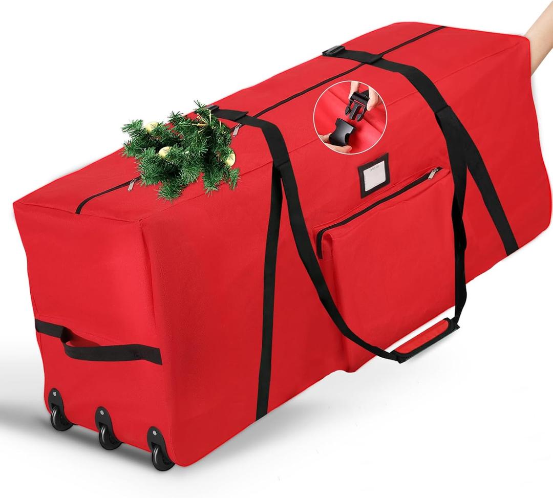 Rolling Christmas Tree Storage Bag 7.5ft, Xmas Artificial Tree Storage Bags with 3 Swivel Wheels, 600D Oxford Fabric Disassembled Tree Storage Box with Padded Handle and Quick-Release Strap (Red)