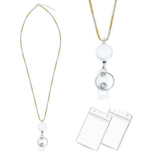 Lanyards for Id Badges Stainless Steel Metal Teacher Lanyard with Id Holder Retractable Cruise Ship Badge Holder for Women (Gold/Silver 13)