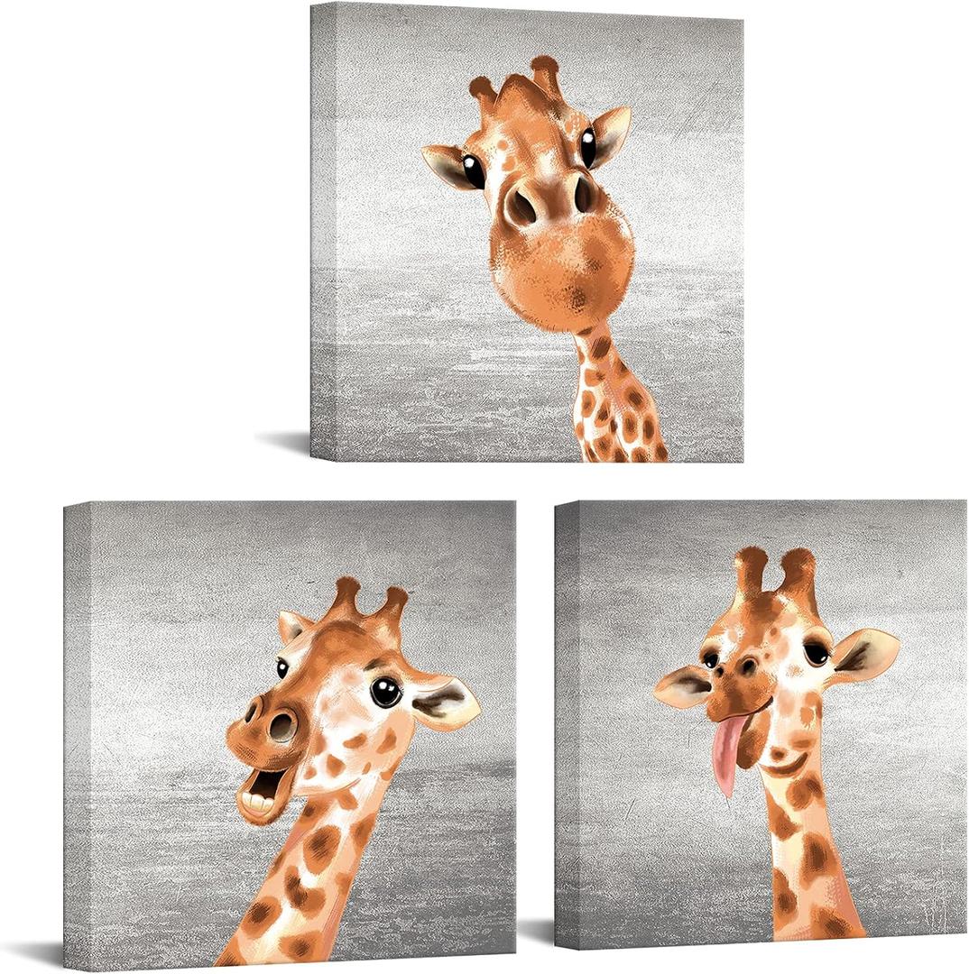 Apicoture Giraffe Canvas Wall Decor Funny Animal Paintings Framed Wall Art For Kids Room Nursery Wall Decor,12"X12"X3 Pieces