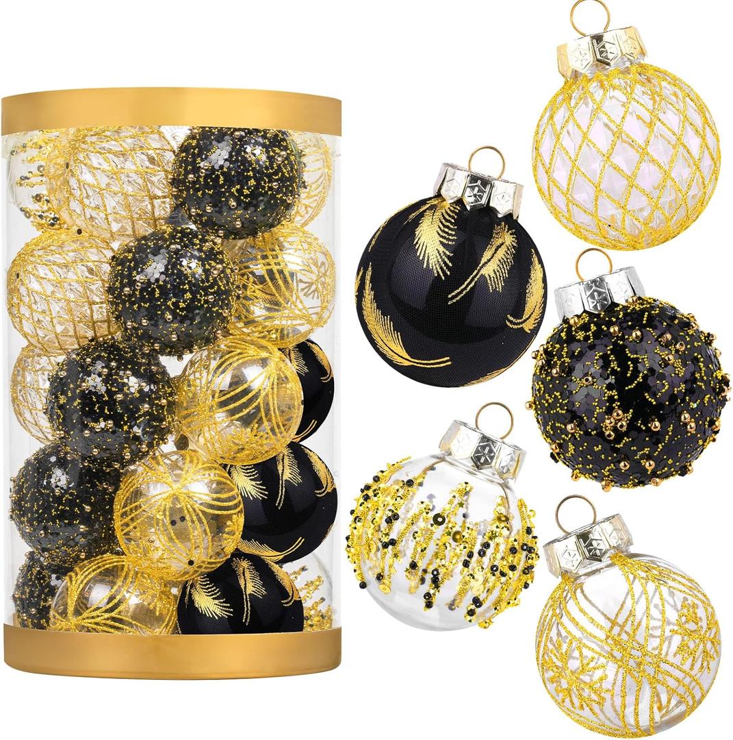25pcs Christmas Tree Balls, 2.36" Christmas Ornament Decorations Shatterproof Ornaments Black and Gold Color Painted Christmas Baubles Decorations for Party Wedding Christmas Decor