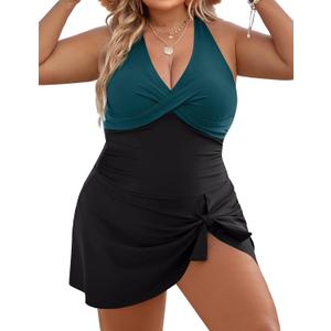 Blooming Jelly Women Plus Size Swim Dress Swimsuit One Piece Tummy Control Bathing Suits Modest Criss Cross Swim Suits (Peacock Green & Black), Large Plus