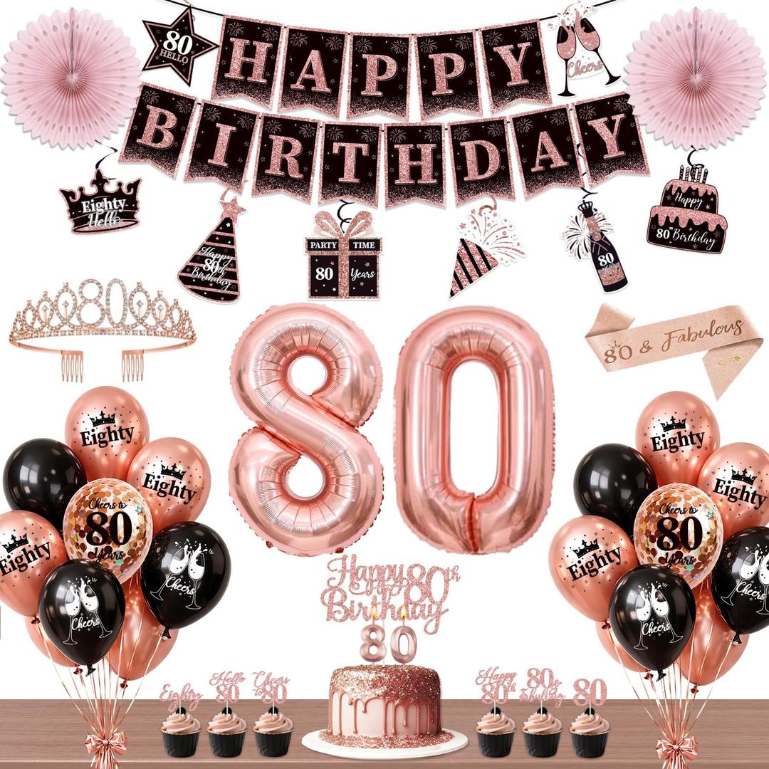 80th Birthday Decorations for Women, 54pcs Happy 80th Birthday Crown and Sash, Black Rose Gold Banner Backdrop Balloons Hanging Swirls Paper Fans, 80 Years Old Birthday Party Supplies Kit