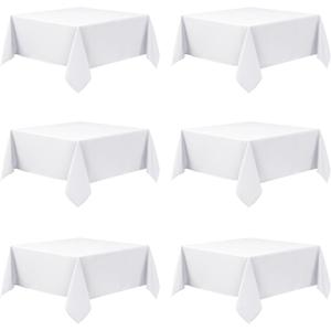 6-Pack White Tablecloths for Square Tables, 70 x 70 Inches, Stain-Resistant Polyester Fabric for 3 Foot Tables - Washable Table Covers for Weddings, Banquets, Birthday Parties, Events