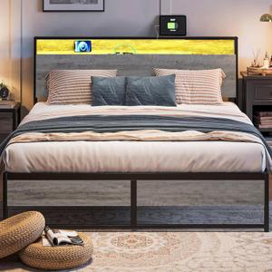 LINSY King Size Bed Frame, Ergonomic Storage Headboard with Charging Station& LED Lights, Fast Assembly King Bed Frame, Noise Free, No Box Spring Needed, Greige